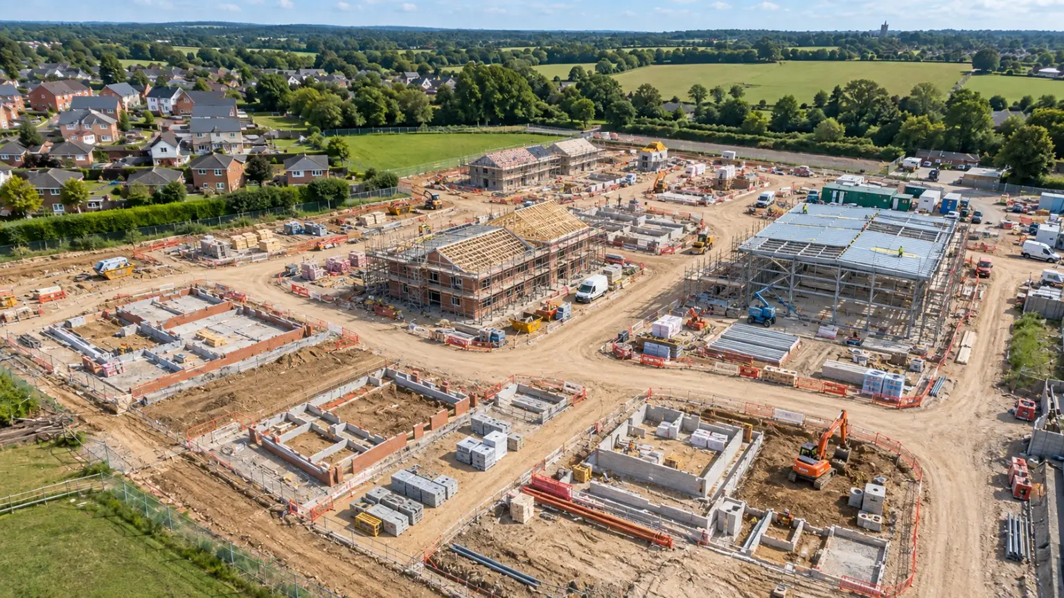 Aerial view of a housing development at a later stage with partially built houses, roads and remaining earthworks