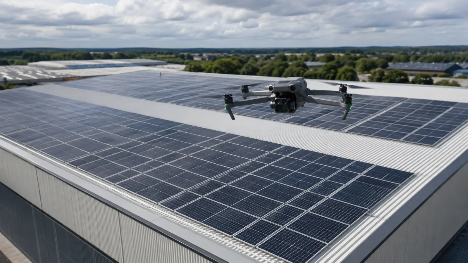 Drone inspecting solar panels on a commercial warehouse roof