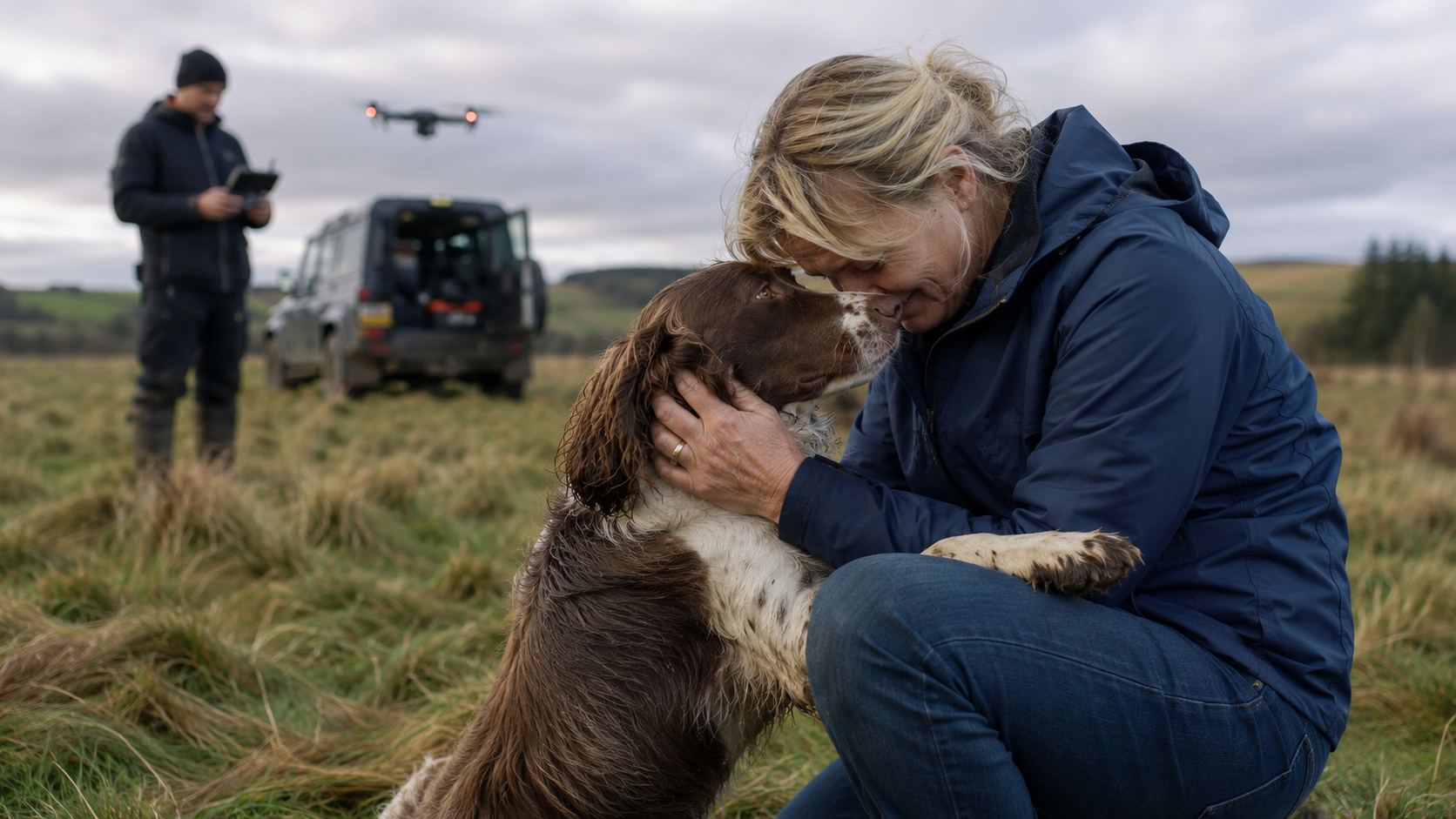 Owner reunited with her spaniel in a field while a drone pilot operates nearby