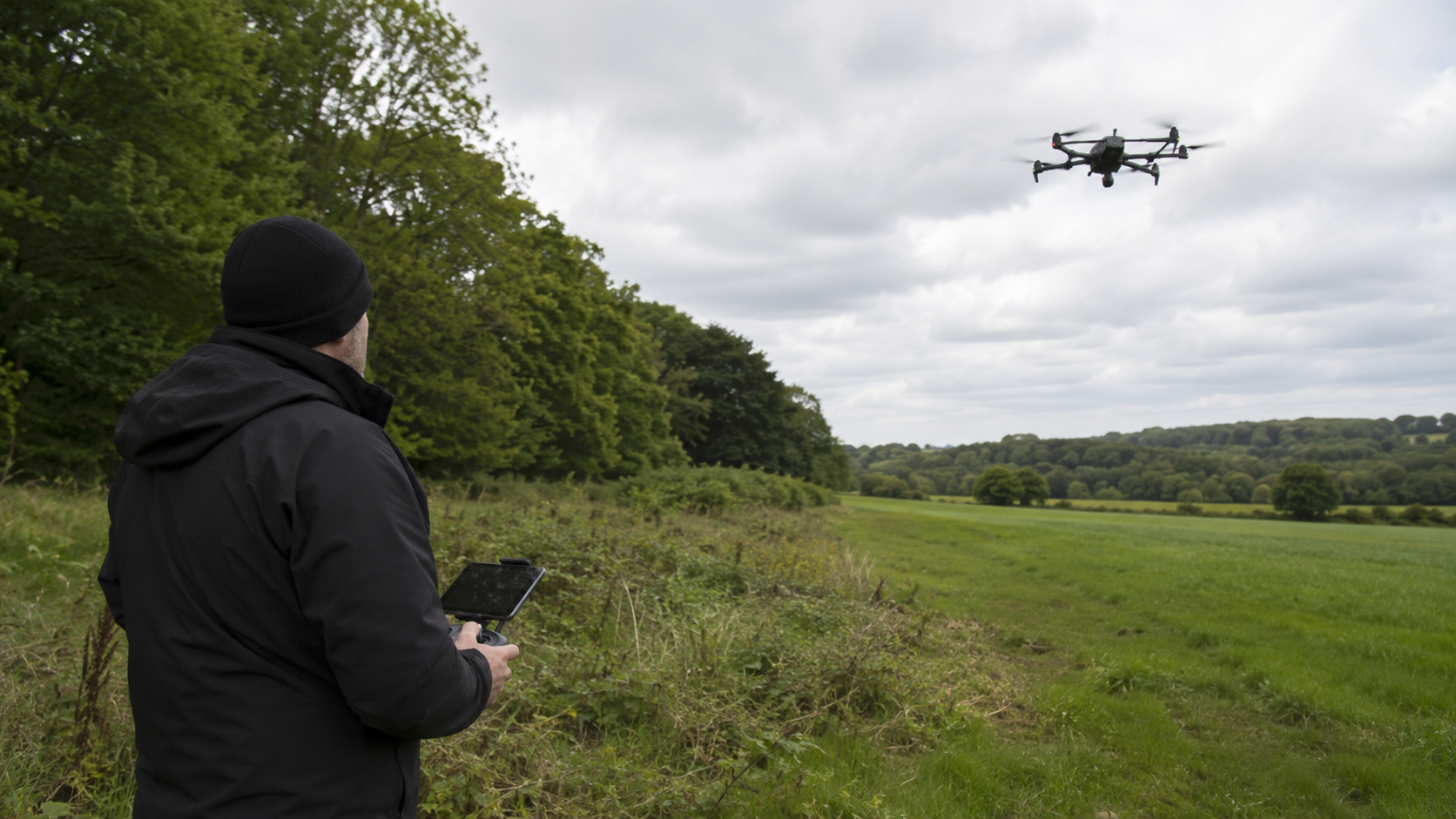 Professional drone pilot flying a drone over farmland during a missing pet search