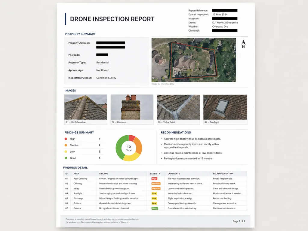 Illustrative redacted drone inspection report with photographs and findings