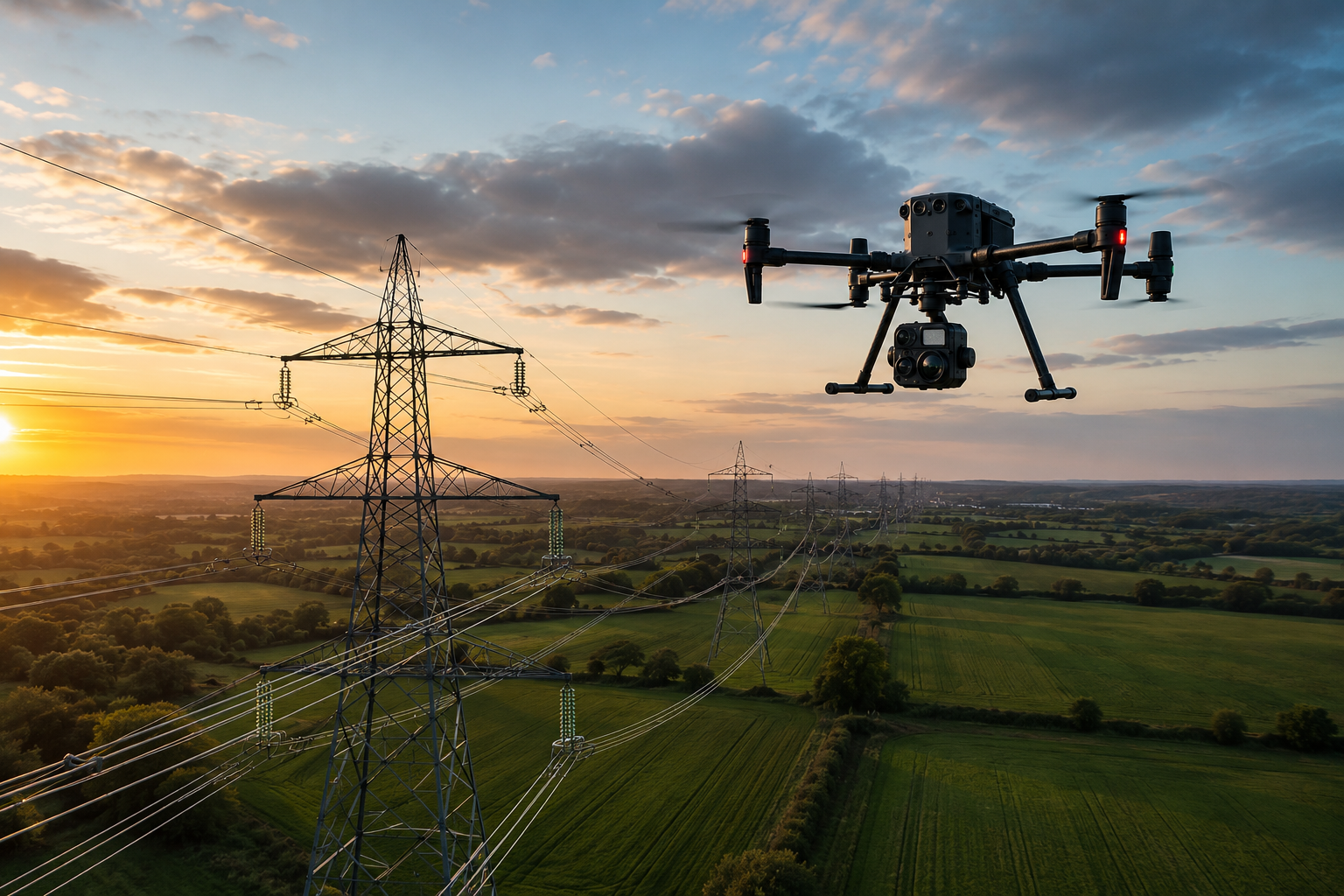 Commercial drone inspecting UK overhead electricity infrastructure