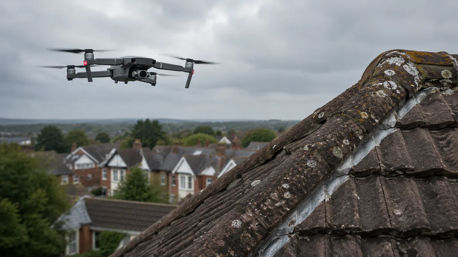 Drone carrying out a roof inspection above a UK residential property