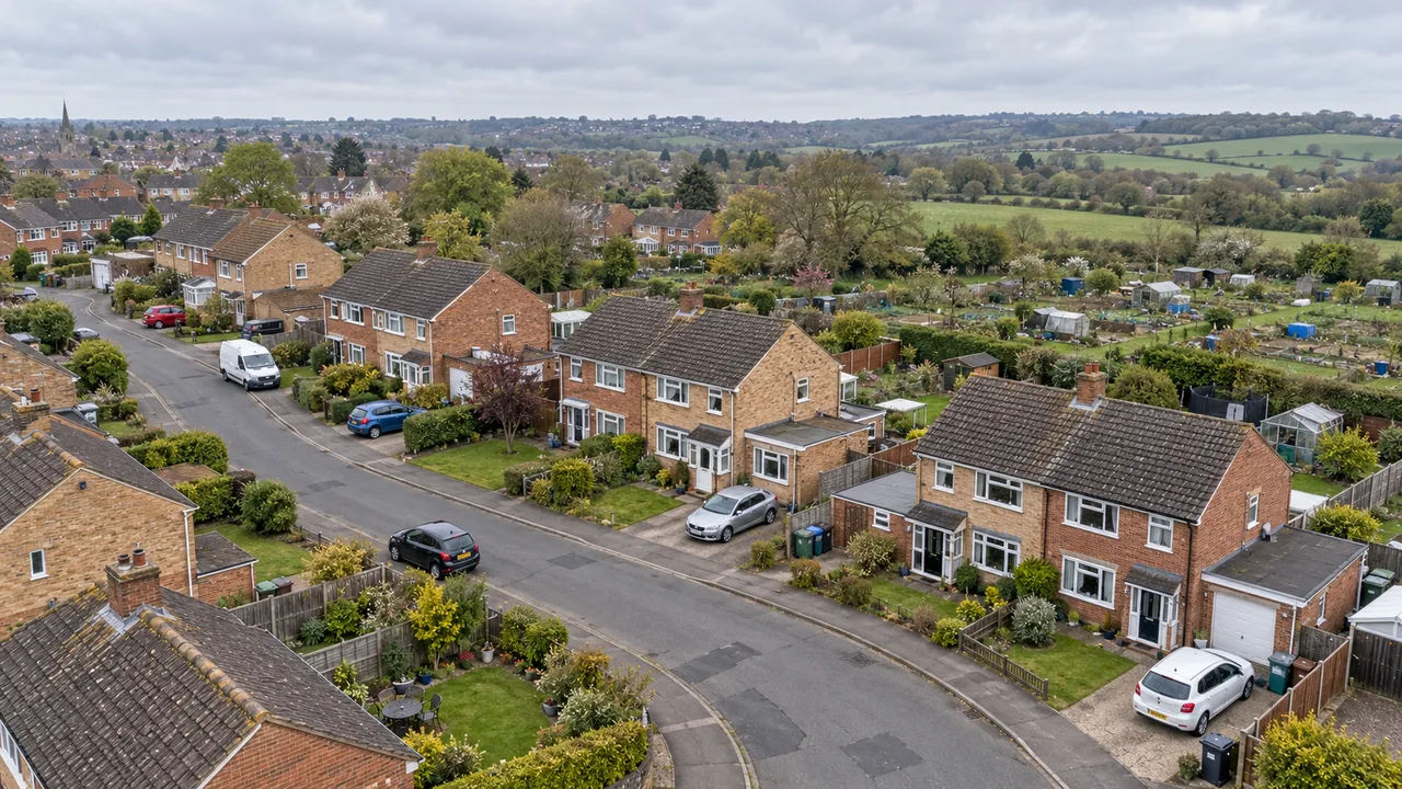 Aerial view of a British residential street with brick houses, small gardens and allotments beyond