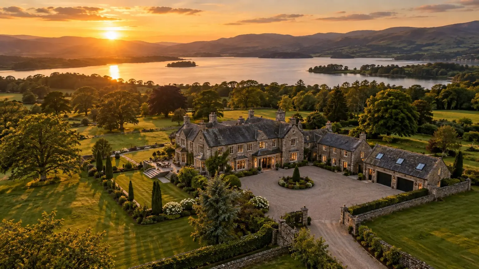 Aerial view of a country house and grounds beside a lake at sunset