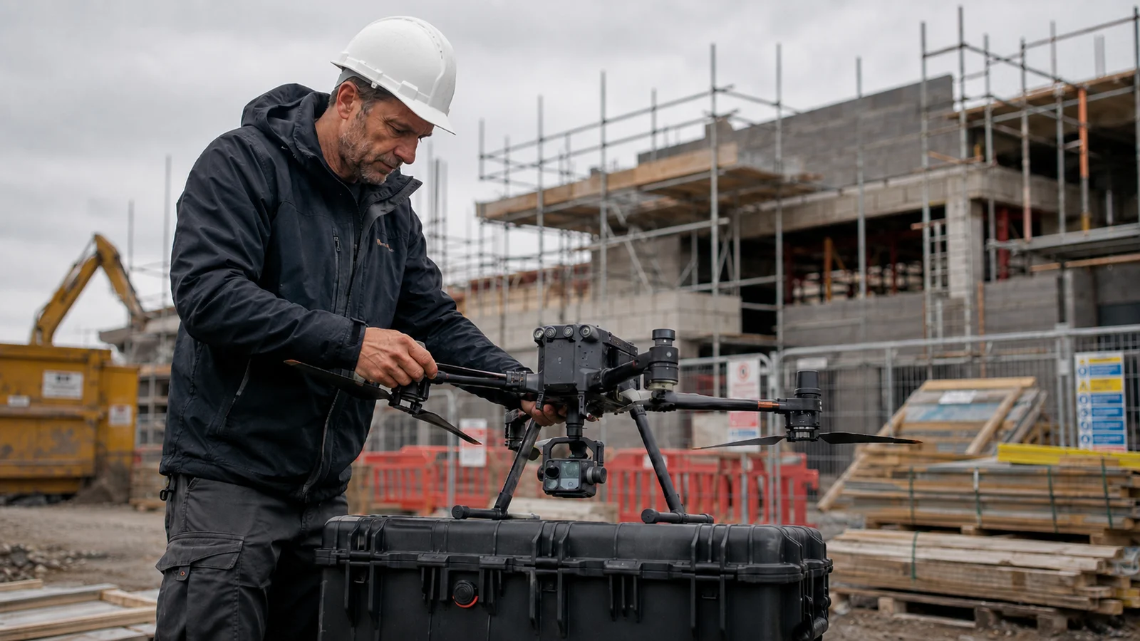 Drone surveyor preparing commercial equipment on a UK construction site