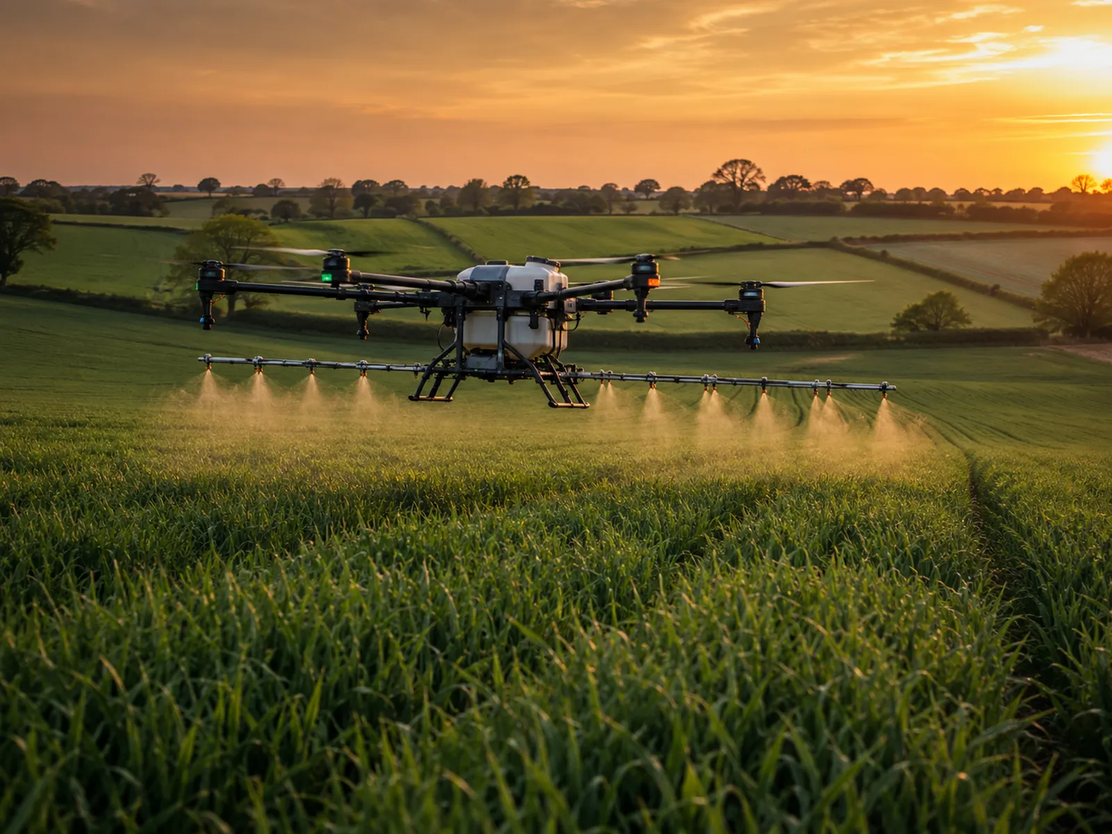 Agricultural drone spraying crops on a UK farm
