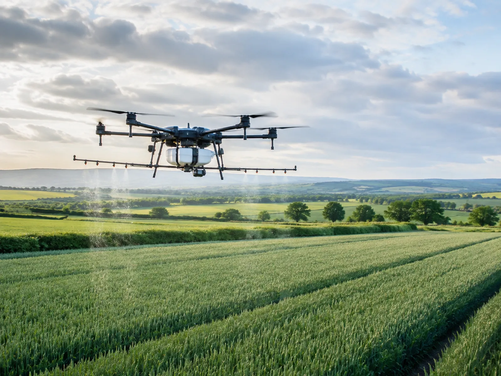Crop spraying drone applying treatment over a UK arable field