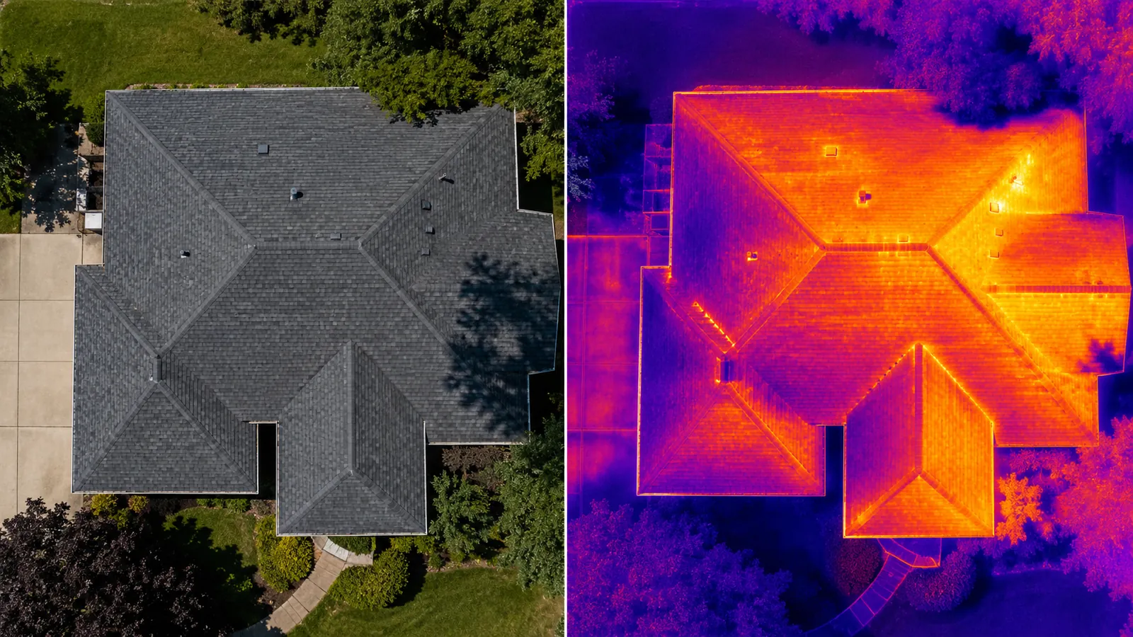 Side-by-side visual and thermal aerial image of a residential roof