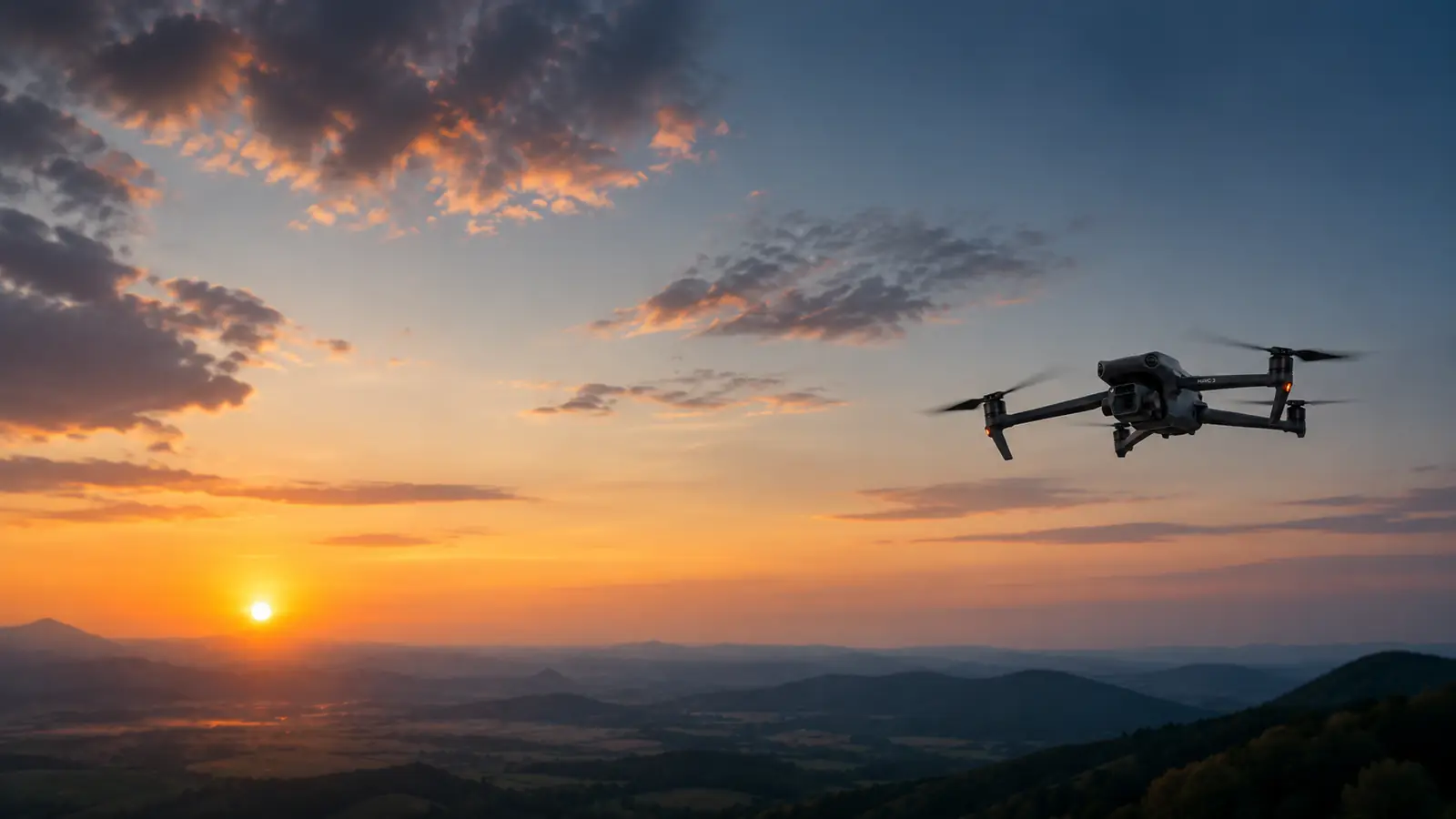 Commercial drone surveying at sunset