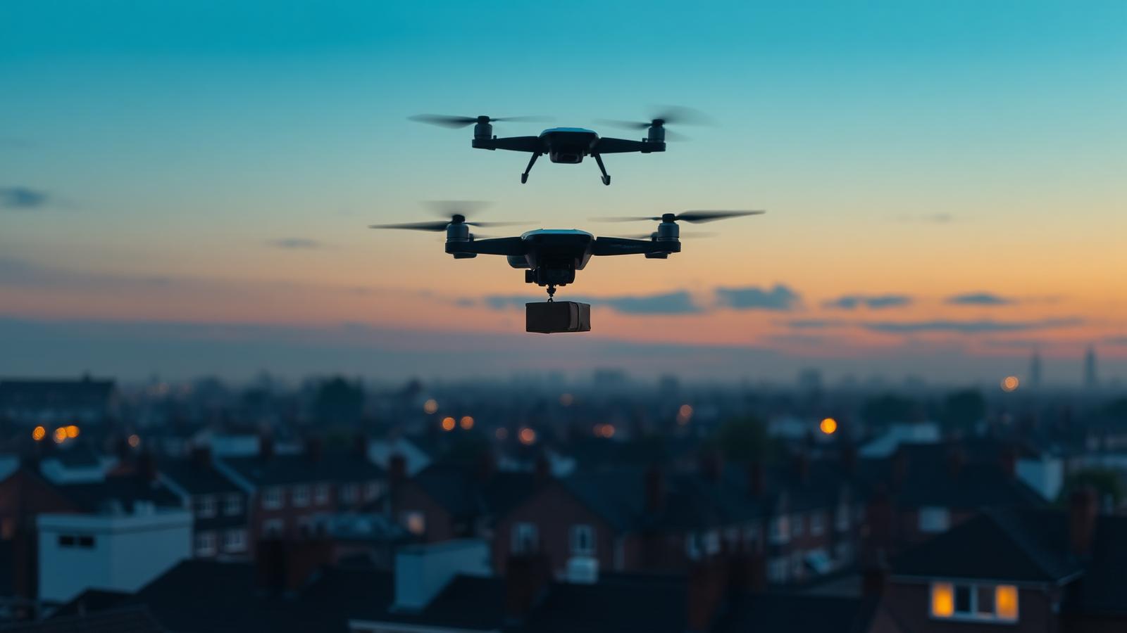 Delivery drone hovering above UK rooftops at dusk